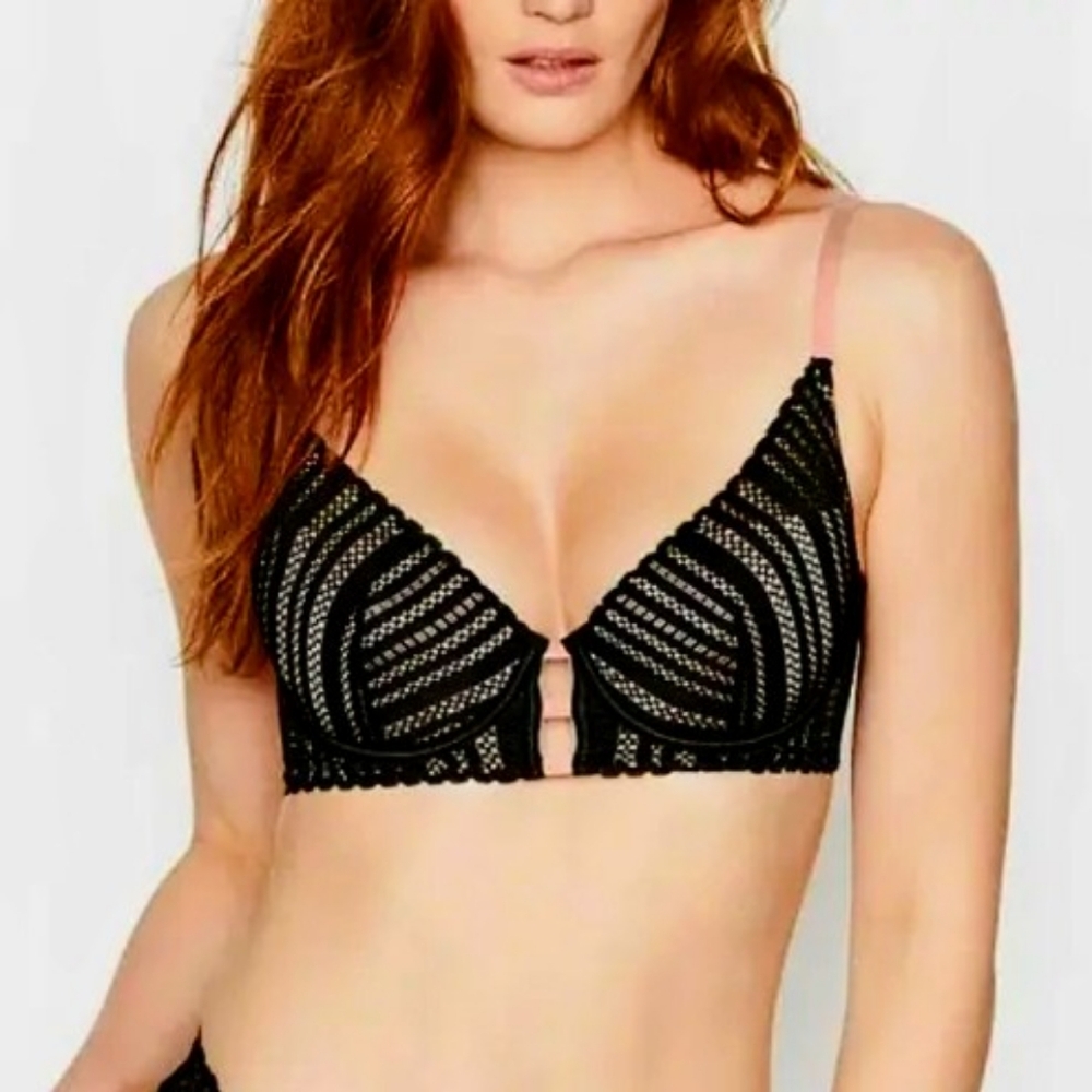 5/$50 EUC Victoria's Secret Low Luxe Plunge  Lined Black/Pink Lace Bra 38DD